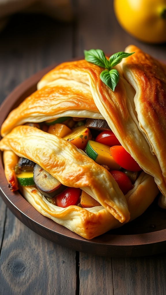 Baked ratatouille in puff pastry with colorful vegetables, garnished with basil on a rustic table.